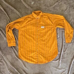 Chunjie Mens Mustard Yellow Striped Button Down Long Sleeve Shirt Pocket XL